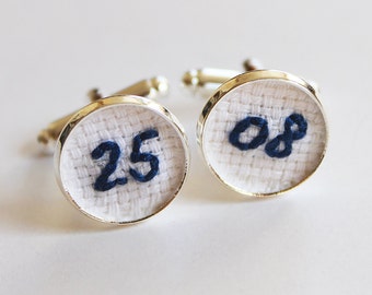 Wedding Date Cotton Cufflinks, 2nd Wedding Anniversary, Cotton Anniversary Gift for Him, Groom Cuff Links, Personalized Embroidery