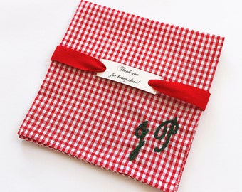 Red gingham pocket square, Initial men's handkerchief, Monogram pocket square for husband, Cotton anniversary gift for him