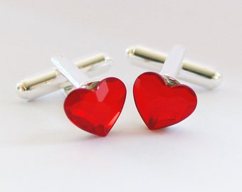 Red Heart Swarovski Cuff Links, Groom Cufflinks, Valentines Day Gift for Him, Crystal Anniversary Gift, Wedding Cuff Links