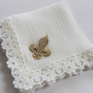 Fleur de Lis Wedding Hanky, New Orleans Wedding, Second Line Handkerchief, Gold Silk Hankie, Ivory Handkerchief for Bride image 7