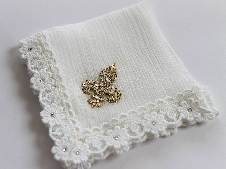 Fleur de Lis Wedding Hanky, New Orleans Wedding, Second Line Handkerchief, Gold Silk Hankie, Ivory Handkerchief for Bride image 7