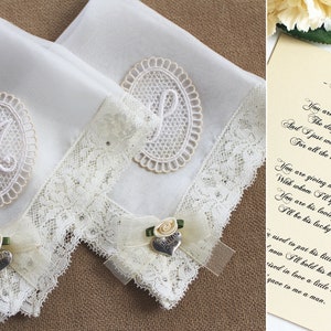 Silk Handkerchiefs for Wedding, Set of 2 Mother of the Groom gift From Bride, Personalized Lace handkerchief for Women, Vintage Monogram image 2