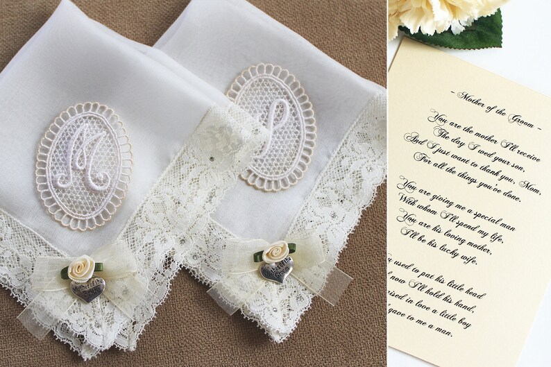 Silk Handkerchiefs for Wedding, Set of 2 Mother of the Groom gift From Bride, Personalized Lace handkerchief for Women, Vintage Monogram image 2