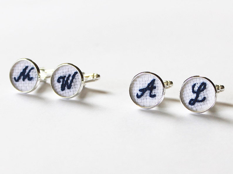 2 Pairs Monogrammed Father of the Bride&Groom Cuff Links, Personalized Father of Bride Cuff Link, Father of the Groom Embroidery Gift image 2