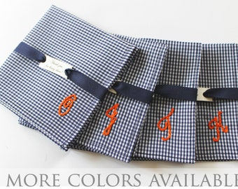 Set of 4 Groomsmen Pocket Squares, Navy Blue Gingham Handkerchiefs, Personalized Groomsman Gifts, Initial Men's Handkerchief for Groomsmen