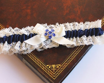 Swarovski Royal Blue Garter, Lace Wedding Garter Set, Something Blue Bride Bridal Shower Gift, Toss Garter Lingerie Bow Ivory Garter Elegant