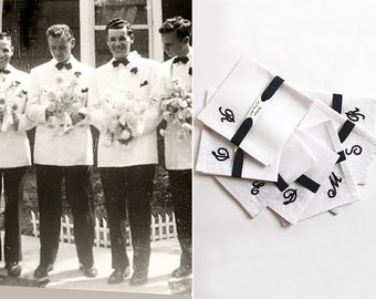 Groomsmen Gift Set of 6, Pocket Square, Initial Handkerchief, Groomsmen Proposal, Monogram Groomsmen, Cotton Mens Handkerchief Retro Wedding