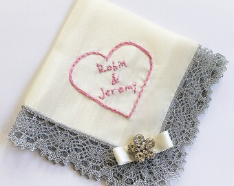 Personalized Wedding Handkerchief, Bride Hanky Bridal Shower Gift, Mother of the Bride, Something Blue, Silver Ivory Satin Lace Handkerchief