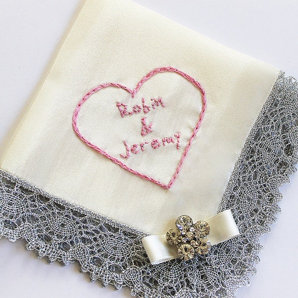 Personalized Wedding Handkerchief, Bride Hanky Bridal Shower Gift, Mother of the Bride, Something Blue, Silver Ivory Satin Lace Handkerchief