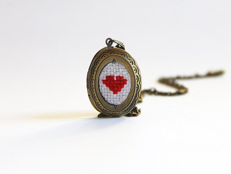 Red Cross Stitch Heart Locket Valentine/'s Day Necklace Turquoise Embroidery Jewelry Small Heart Pendant Cotton Anniversary Gift for Her