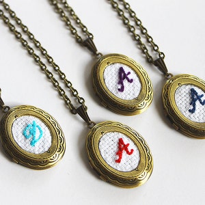 Embroidered Monogram Locket Bridesmaid Necklace, Cotton Anniversary Gift, Personalized Gifts, Antique Bronze Jane Austen Embroidery Jewelry image 2