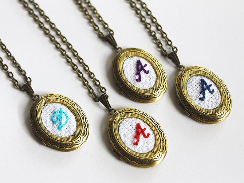 Embroidered Monogram Locket Bridesmaid Necklace, Cotton Anniversary Gift, Personalized Gifts, Antique Bronze Jane Austen Embroidery Jewelry image 2