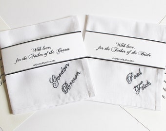 Hand Embroidered Father of the Bride Pocket Square, Father of Groom Gift Custom Pocket Square, Personalized Wedding Handkerchief Set