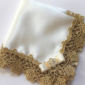 Luxury Satin Bride Hankie, Gold Lace Ivory Handkerchief, Mother of the Bride Handkerchief, Mother of groom gift, Gold Wedding Accessories image 1