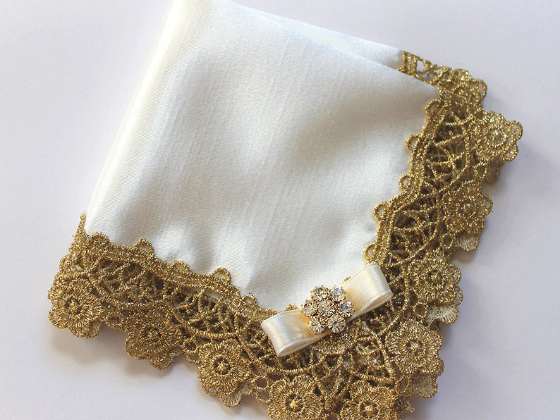 Luxury Satin Bride Hankie, Gold Lace Ivory Handkerchief, Mother of the Bride Handkerchief, Mother of groom gift, Gold Wedding Accessories image 1