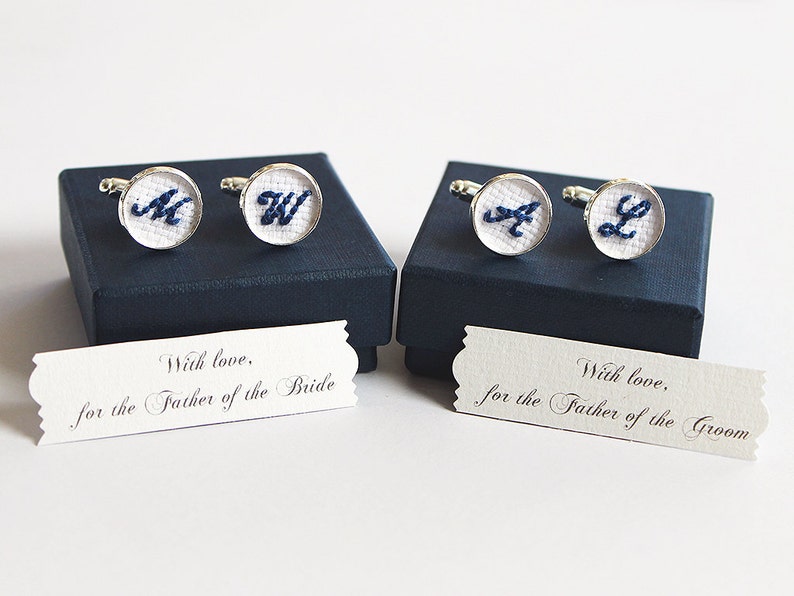 2 Pairs Monogrammed Father of the Bride&Groom Cuff Links, Personalized Father of Bride Cuff Link, Father of the Groom Embroidery Gift image 1