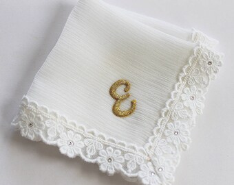 Gold Monogram Wedding Hanky, Bride Handkerchief, Bridal Shower Gift, Mother of the Bride Gift, Personalized Lace Handkerchief, Silk Hankie