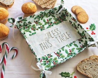 Christmas Bread Basket, Bless This Table Bread Bag, First Christmas New Home Gift Idea, Customizable Folding Basket, Holly Table Decorations