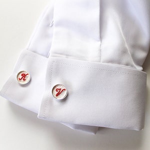 Any Color Cotton Cufflinks, Initial Cuff Links, Anniversary Gift for Him, Monogrammed Groom Cufflink, Embroidered Wedding Cufflinks Red (featured)