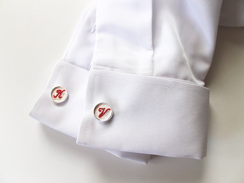 Any Color Cotton Cufflinks, Initial Cuff Links, Anniversary Gift for Him, Monogrammed Groom Cufflink, Embroidered Wedding Cufflinks Red (featured)