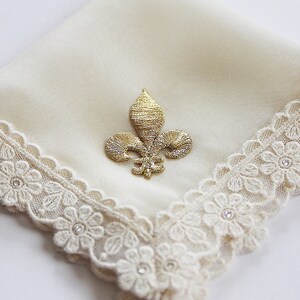 Fleur de Lis Wedding Hanky, New Orleans Wedding, Second Line Handkerchief, Gold Silk Hankie, Ivory Handkerchief for Bride image 4