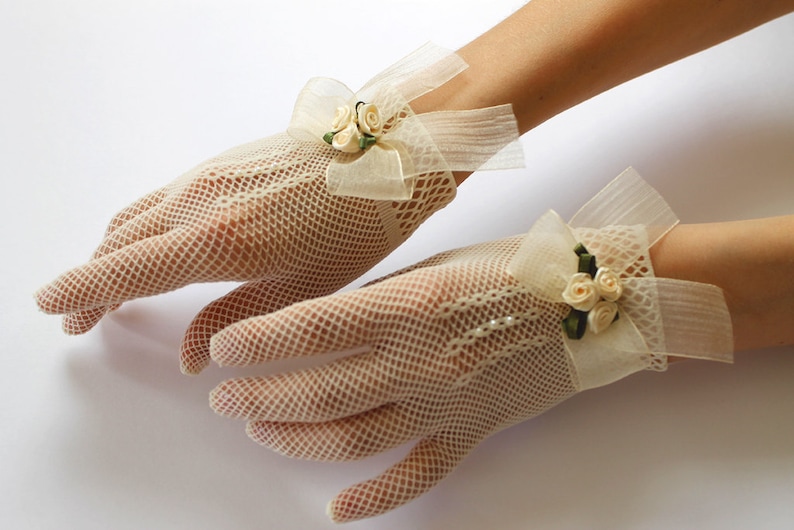 Bridal Gloves Ivory, White Lace Gloves, Bride Gloves, Net Gloves, Victorian Gloves, Wedding Gloves, Bride Accessories, Vintage Inspired, 50s image 2