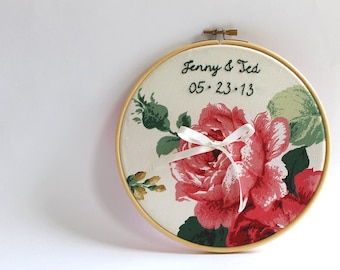 Wedding Ring Holder, Ring Bearer Pillow Alternative, Personalized Embroidery Hoop, Roses Wedding Decoration, Cotton Anniversary Gift