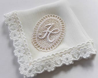 Wedding Handkerchief, Bride Handkerchief, Initial Handkerchief, Silk Handkerchief, Monogram Wedding Gift, Lace Hankie, Bridal Shower Gifts