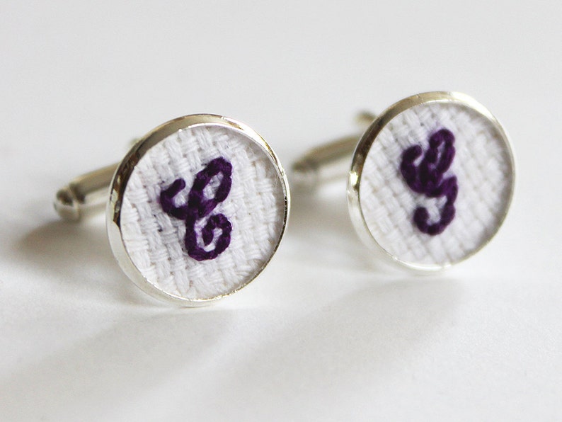 Any Color Cotton Cufflinks, Initial Cuff Links, Anniversary Gift for Him, Monogrammed Groom Cufflink, Embroidered Wedding Cufflinks D. Purple (featured)