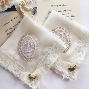 Silk Handkerchiefs for Wedding, Set of 2 Mother of the Groom gift From Bride, Personalized Lace handkerchief for Women, Vintage Monogram image 7