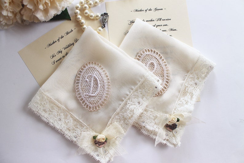 Silk Handkerchiefs for Wedding, Set of 2 Mother of the Groom gift From Bride, Personalized Lace handkerchief for Women, Vintage Monogram image 7