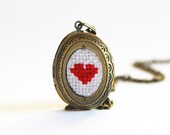 Red Cross Stitch Heart Locket, Valentine 39 s Day Necklace Turquoise, Small Heart Pendant, Cotton Anniversary Gift for Her, Embroidery Jewelry