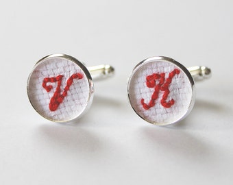 Cotton anniversary gift for him, Red Embroidered Cuff Links, Cufflinks wedding, Groomsmen cufflinks, Initial cufflink, Groom Gift Idea