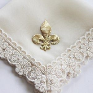 Fleur de Lis Wedding Hanky, New Orleans Wedding, Second Line Handkerchief, Gold Silk Hankie, Ivory Handkerchief for Bride image 3