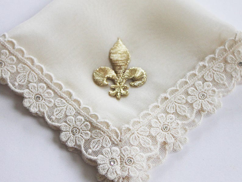 Fleur de Lis Wedding Hanky, New Orleans Wedding, Second Line Handkerchief, Gold Silk Hankie, Ivory Handkerchief for Bride image 3