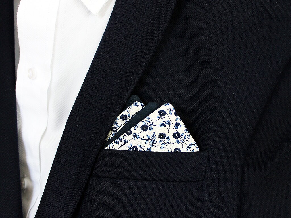 Navy blue handkerchief Floral Reversible pocket square | Etsy