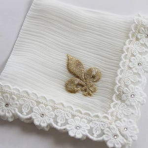 Fleur de Lis Wedding Hanky, New Orleans Wedding, Second Line Handkerchief, Gold Silk Hankie, Ivory Handkerchief for Bride image 6