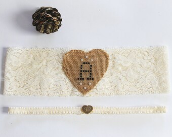 Burlap Lace Garter, Rustic Garter, Garter Set Monogrammed, Bride Garter Ivory, Bridal Shower Gift, Heart Garter for Barn Wedding