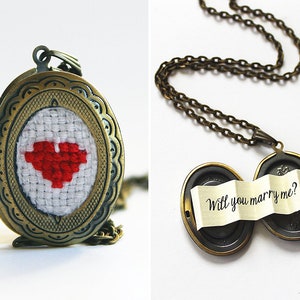 Will You Marry Me Red Heart Locket, Cross Stitch Jewelry, Best Friend Message Locket, Pop the Question Necklace, I Love You Gifts Valentines image 1