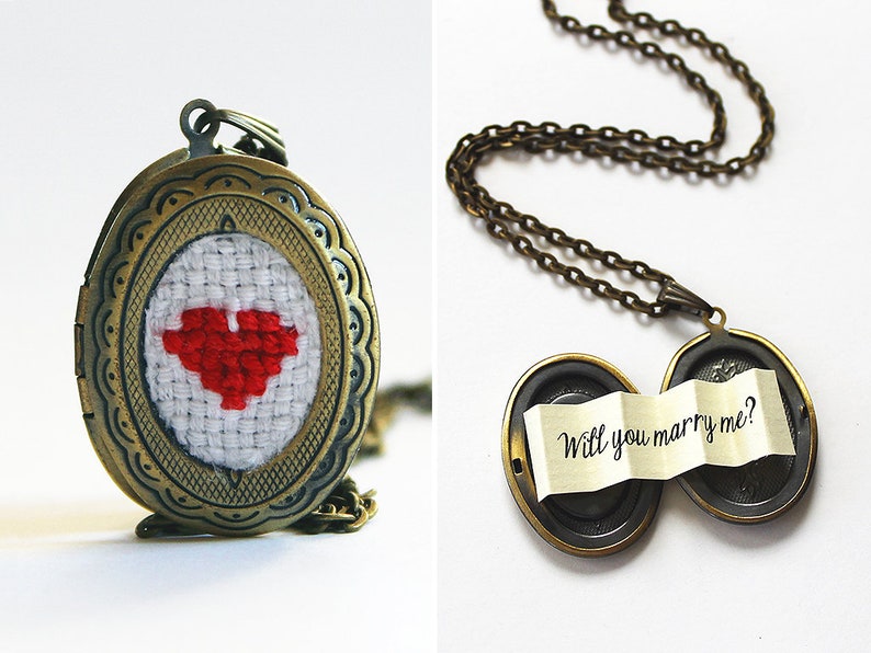 Will You Marry Me Red Heart Locket, Cross Stitch Jewelry, Best Friend Message Locket, Pop the Question Necklace, I Love You Gifts Valentines image 1