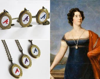 Bridesmaid Necklace Set of 3, Embroidered Locket, Jane Austen Jewelry, Downton Abbey Wedding, Personalized Gift Ideas