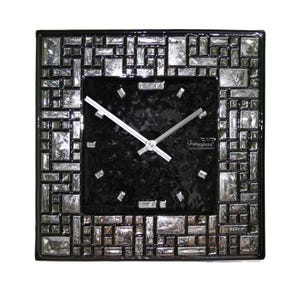 May include: Square wall clock with a black face and silver hands. The clock face is surrounded by a mosaic-style border of silver and clear glass pieces. The clock has the text "Ponyglass" on the face.