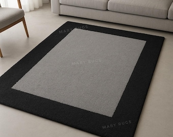 Hand Tufted Beige Rug | Modern Black Border, Minimalist Carpet