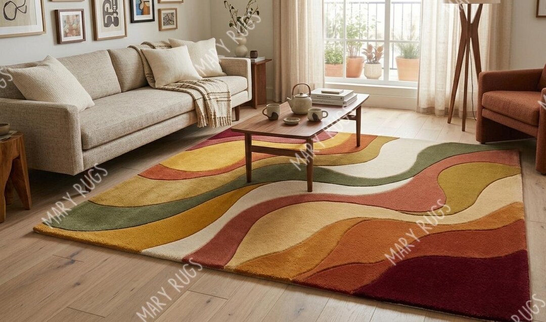 Hand Tufted Abstract Wool Rug – Modern Wavy Colorful Area Rug, Retro ...