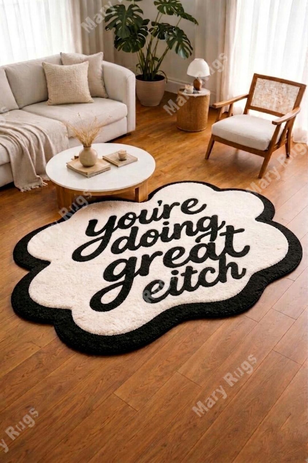 Hand Tufted Rug, Irregular Shape, Motivational Message, Black White ...
