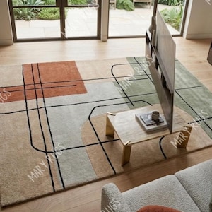 Handmade New Zealand Wool Rug - Modern Mid Century Geometric Design In Rust & Sage Green - Plush Scandi Area Rug for Living Room, Bedroom