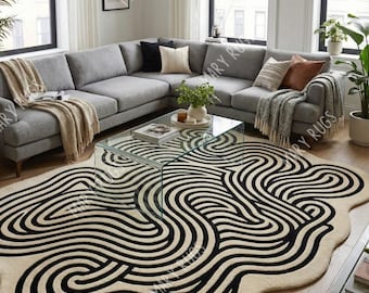 Handtuftad ullmatta – Abstrakt virvelkrämsvart organisk formmatta