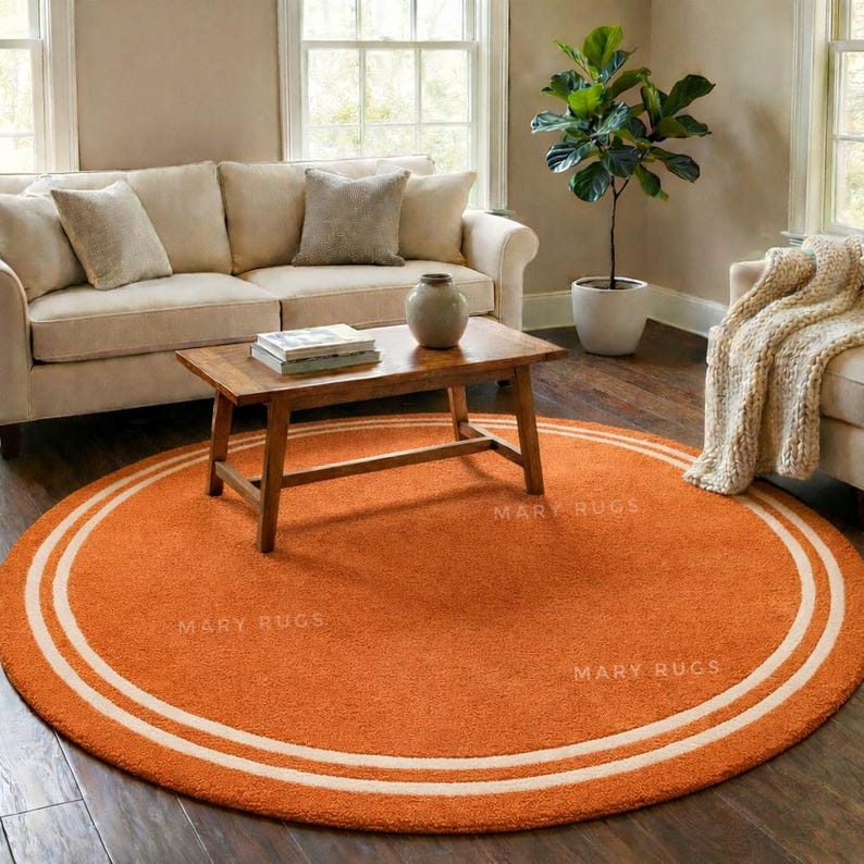 Round Orange Rug Hand Tufted Round Area Rug – Modern Orange Rug With Ivory Border - Etsy