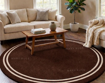 Hand Tufted Round Area Rug – Chocolate Brown with Ivory Border