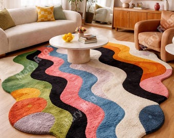 Hand Tufted Irregular Rug, Modern Wavy Living Room Carpet, Colorful Abstract Home Decor